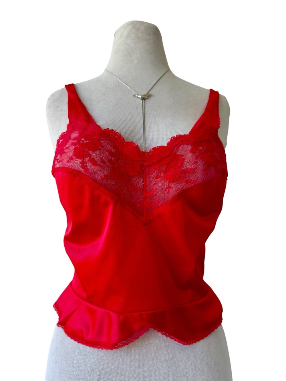 Vtg 80s Ashley Taylor Red Lace Camisole Sz L Crop Top Lingerie Cami Nylon 90s